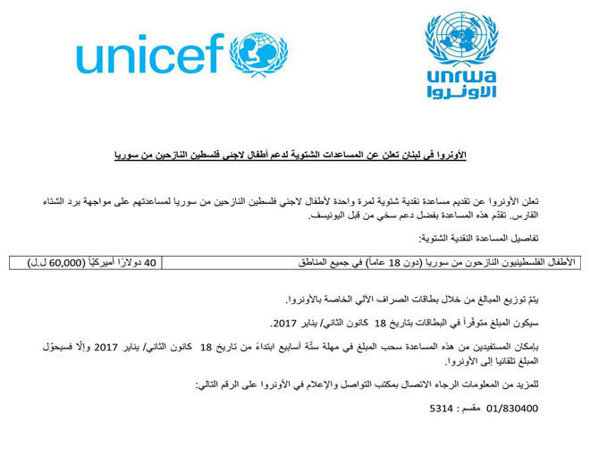 الأونروا تقوم بتعبئة بطاقة الصراف الآلي لفلسطينيي سورية في لبنان