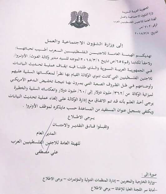 الهيئة العامة للاجئين تؤكد اتفاقها مع الهيئة العامة للاجئين تؤكد اتفاقها مع "الأونروا" على إلغاء الوكالة لآلية تحديث بيانات فلسطينيي سورية